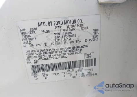 2007 Lincoln Mkx z USA, uszkodzony, nr VIN 2LMDU68C77BJ12830